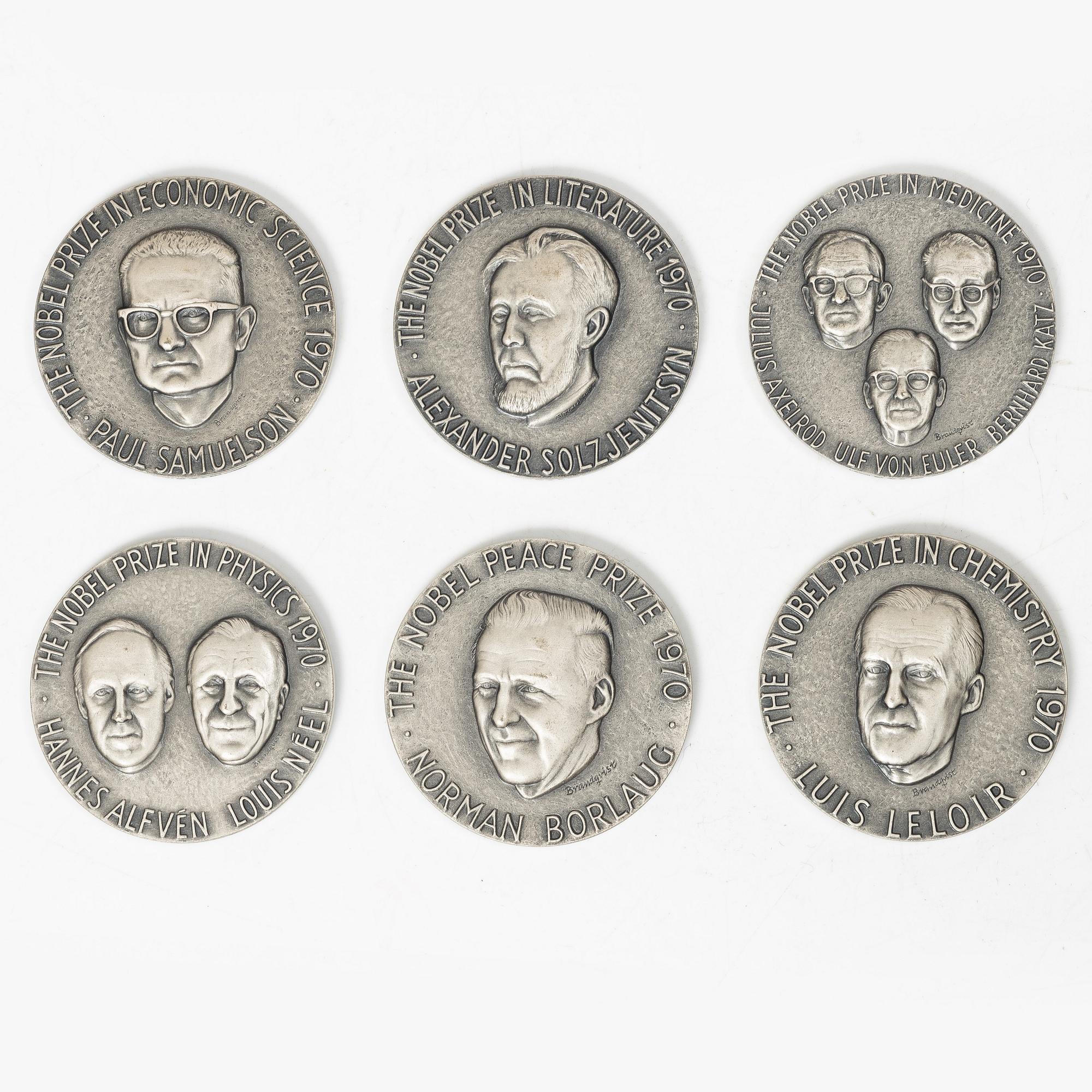 Minnesmedaljer, 6 st, silver, "1970 års Nobelpristagare", Sporrong, Norrtälje 1971.