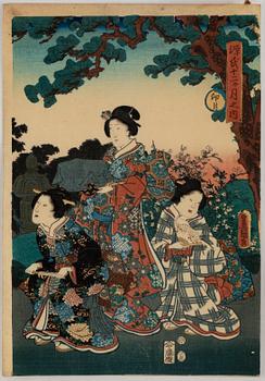 TOYOHARA KUNICHIKA (1835–1900) and UTAGAWA KUNISADA, two coloured woodblock prints, Japan, 19th century.
