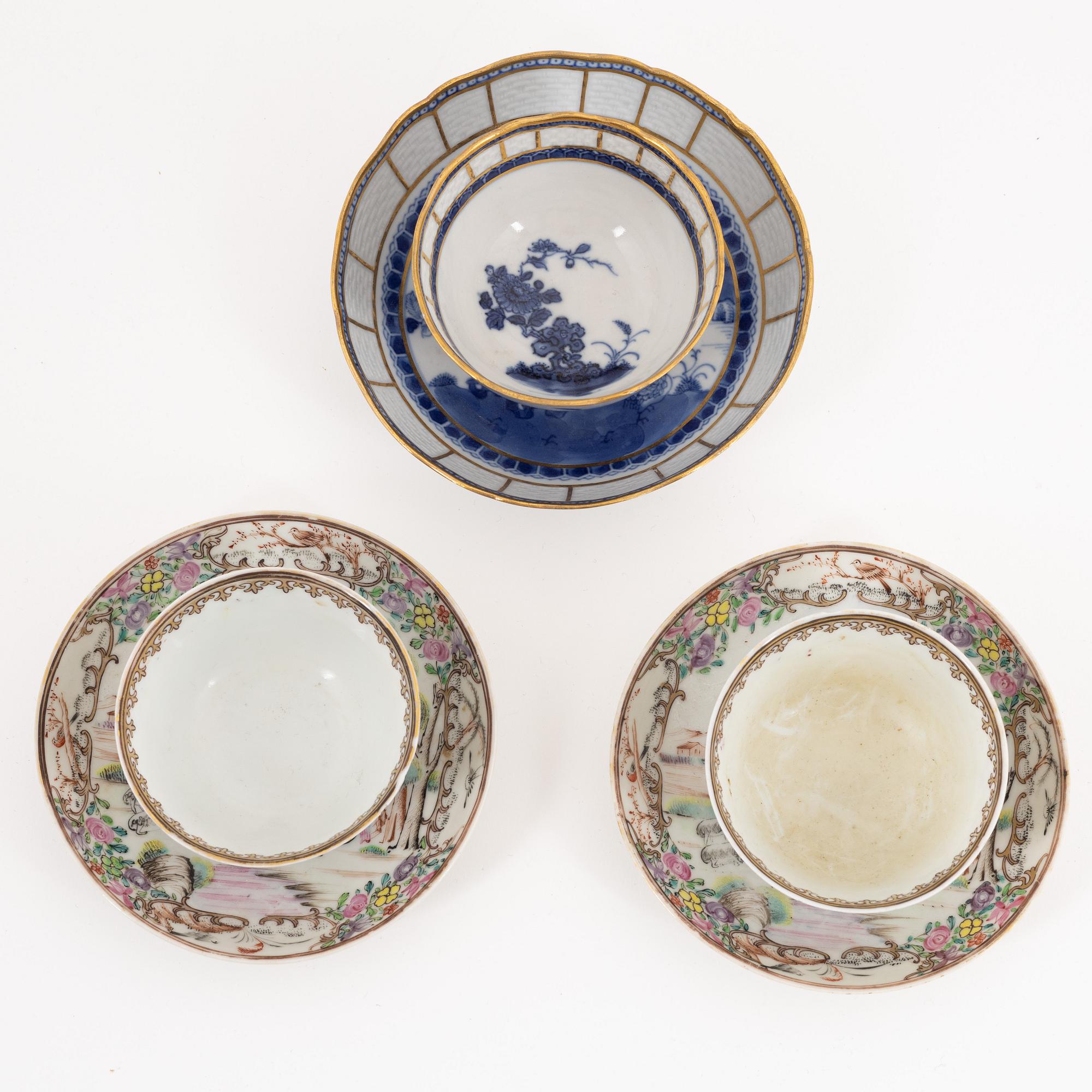 Three Chinese porcelain cups with saucers (2+1), Qing dynasty, Qianlong (1736-95).