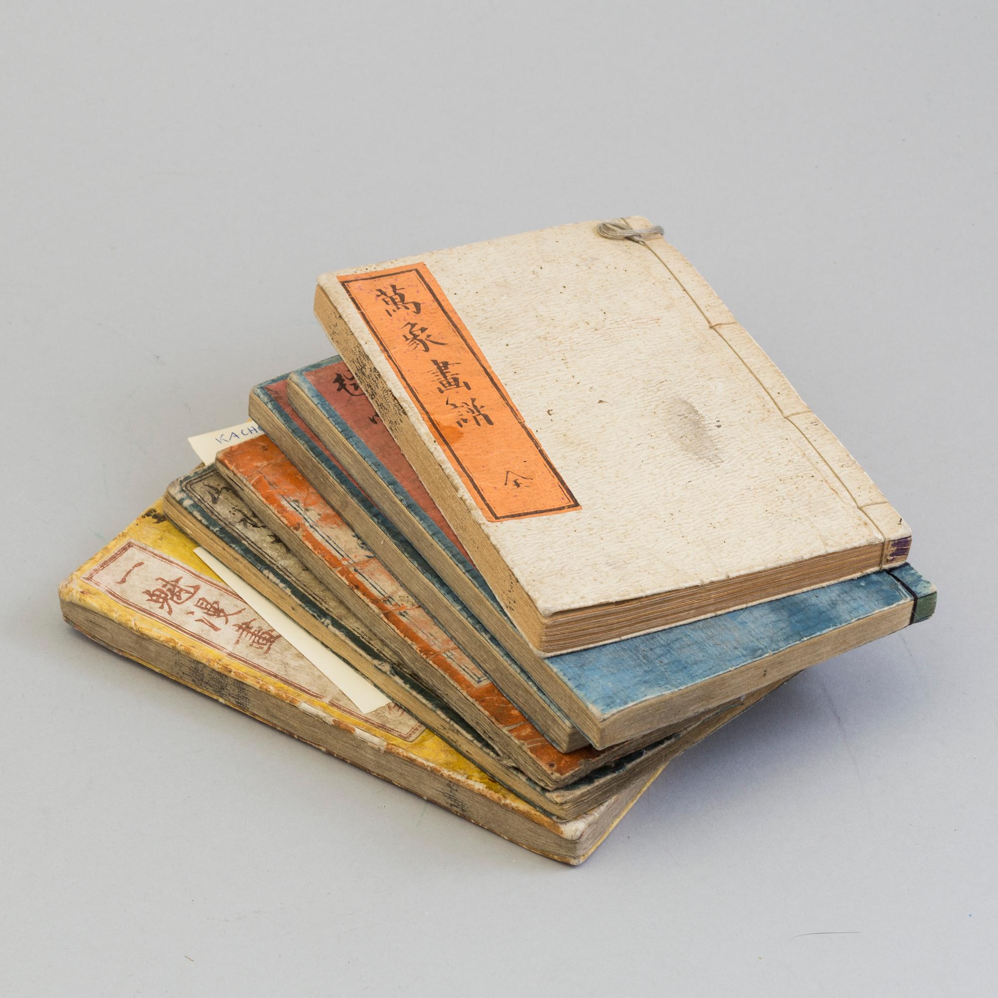 Six Japanese woodblock books with illustrations, 19th century.