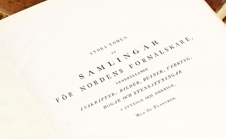 DELAR AV BOKVERK, vol II-III, "Samlingar för Nordens Fornälskare" av NH Sjöborg, Stockholm 1824 resp 1830.