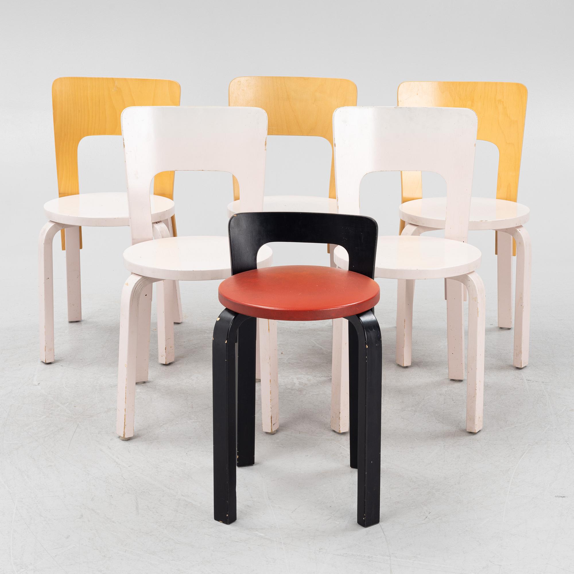 Alvar Aalto, stolar, 5 st modell 66, samt 1 st modell 65, Artek, 1900-talets slut.