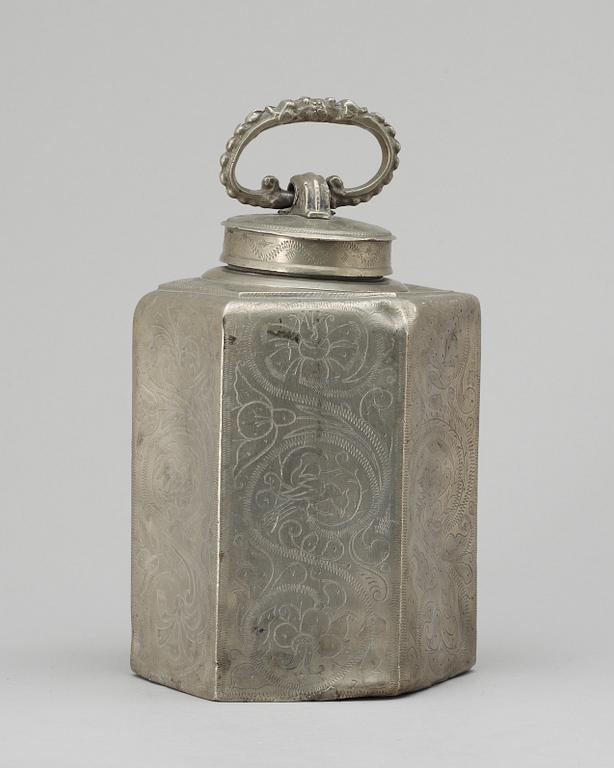 A pewter bottle. Unidentified marks.