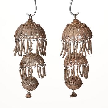 A pair of silver filigree earrings/re-worked hair ornaments, Qing dynasty, 19th Century.