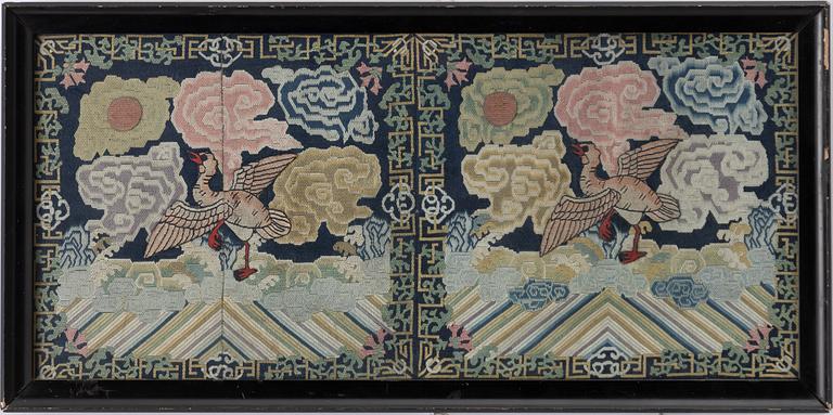 A pair of Chinese rank badges 'Buzi', late Qing dynasty.