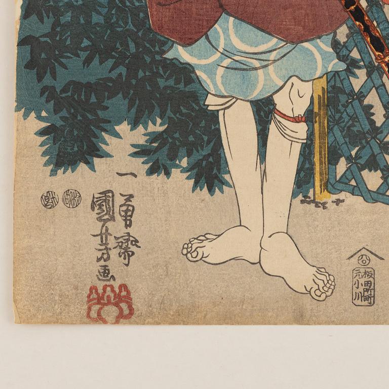 Utagawa Kunisada, tre träsnitt samt Utagawa Kuniyoshi, träsnitt.