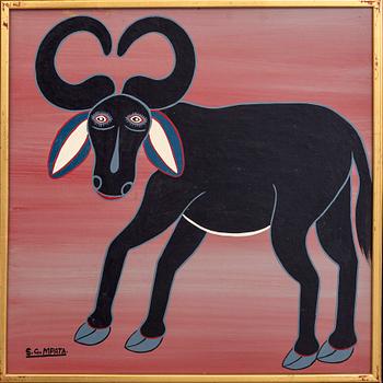 An 1970:s Seymond George Mpata so called Tingatinga- painting, bicycle paint on masonite, signed.