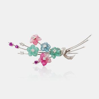 1263. A pink tourmaline, aquamarine, pink sapphire and diamond brooch in the shape of a bouquet of flowers.