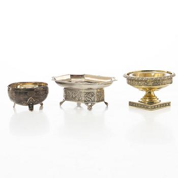 Three Russian silver salt cellars, 19th century.