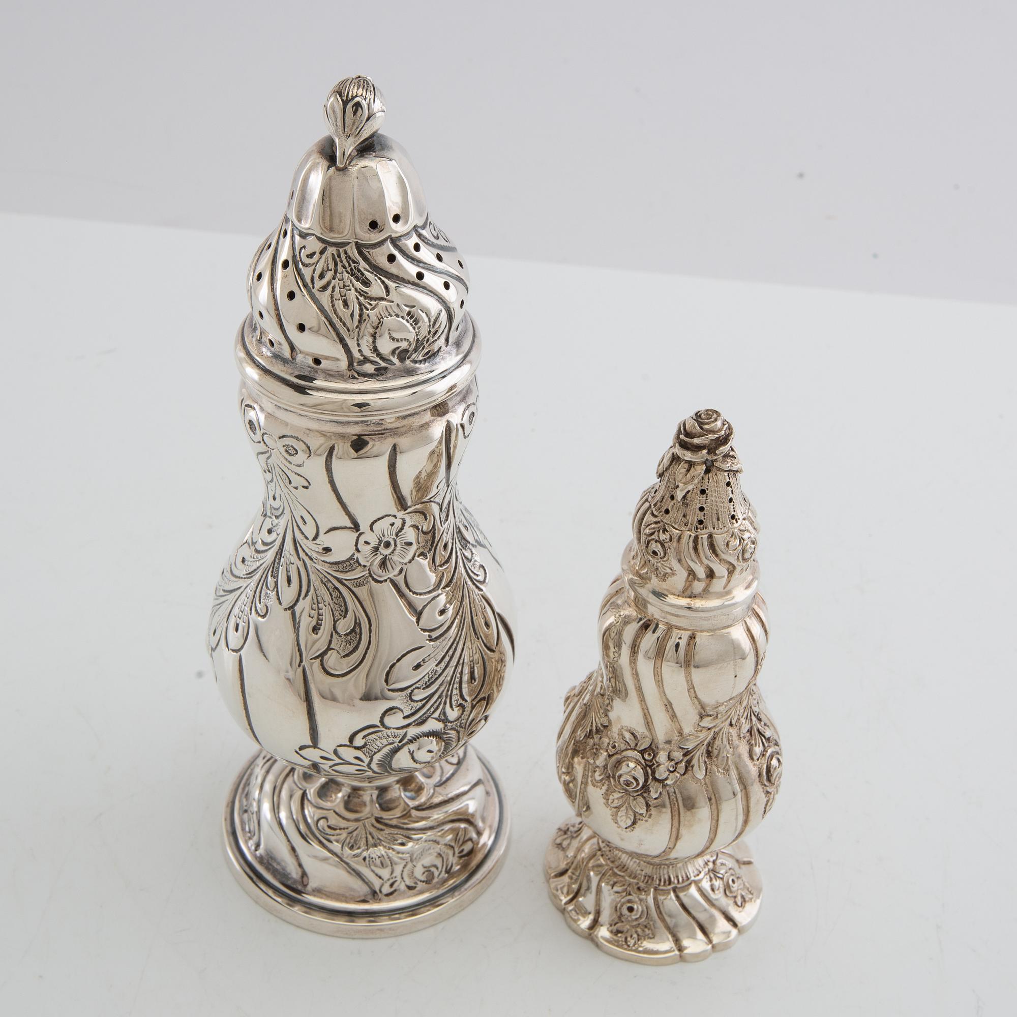 Sugar and salt shakers, Rococo style, silver, Swedish import marks, 20th century.