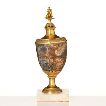 A George III Blue John, marble and ormolu urn, late 18th century.