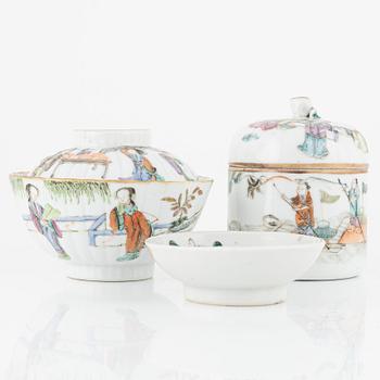 Box with lid, cup with lid, and bowl, porcelain, China, late Qing Dynasty, late 19th century.