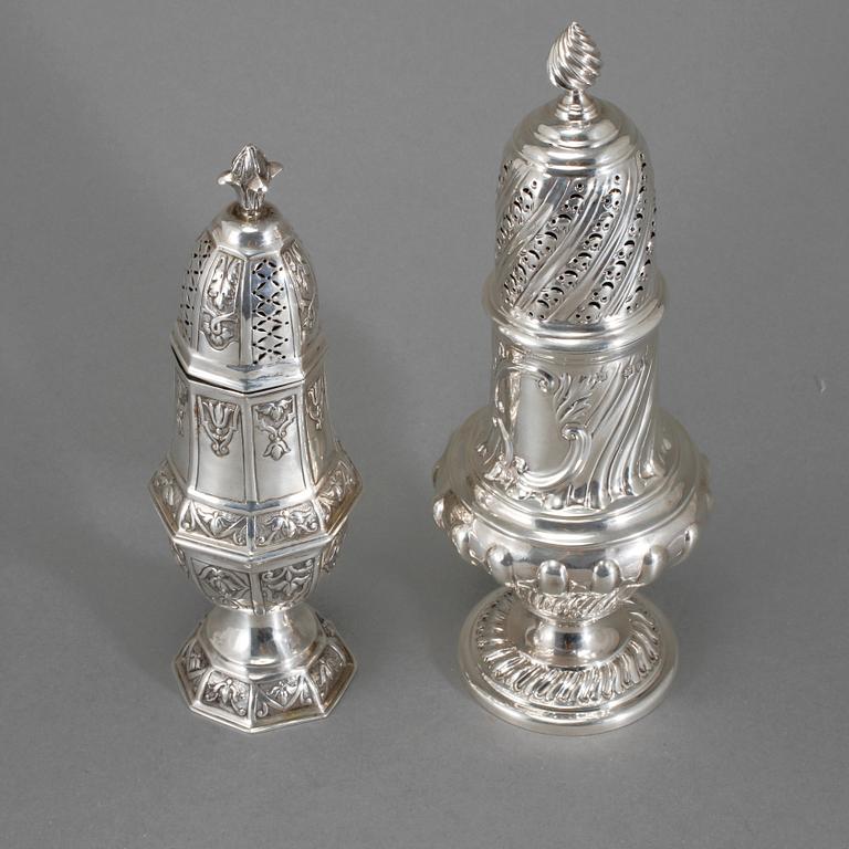 SOCKERSTRÖARE, 2 st, silver, delvis London, 1800-talets slut, vikt 393 gram.