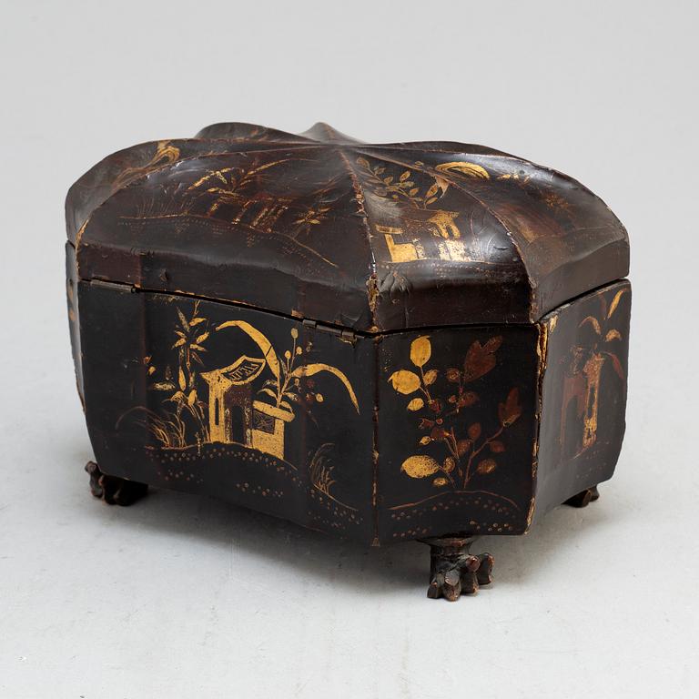 A Chinese tin case in a wooden box, early 20th century.