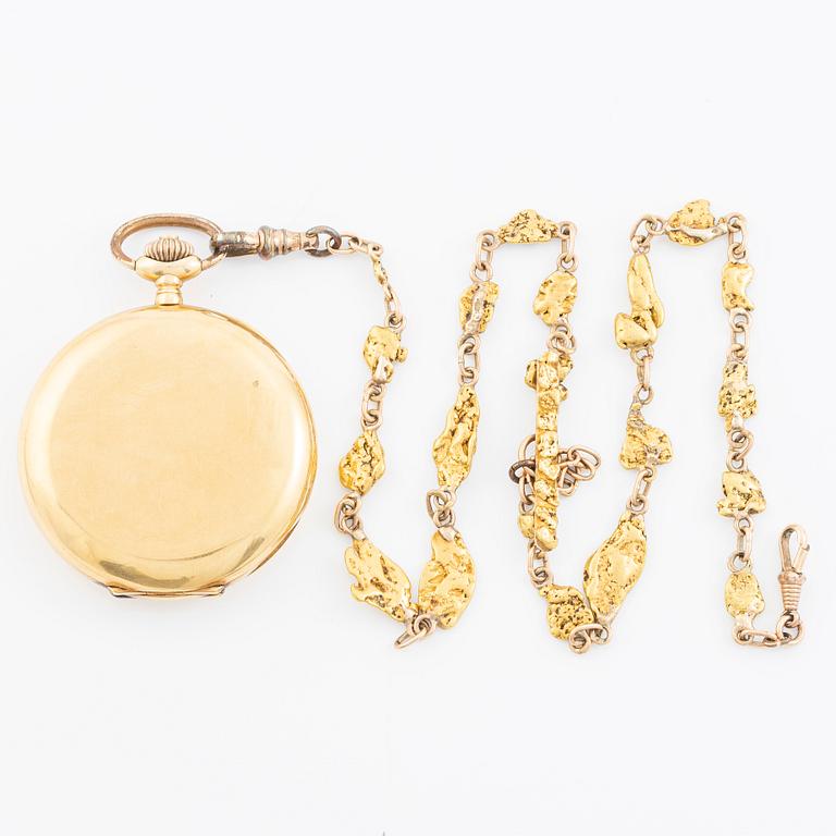 Fickur, 18K guld, med kedja nugget, savonett, 51,5 mm.