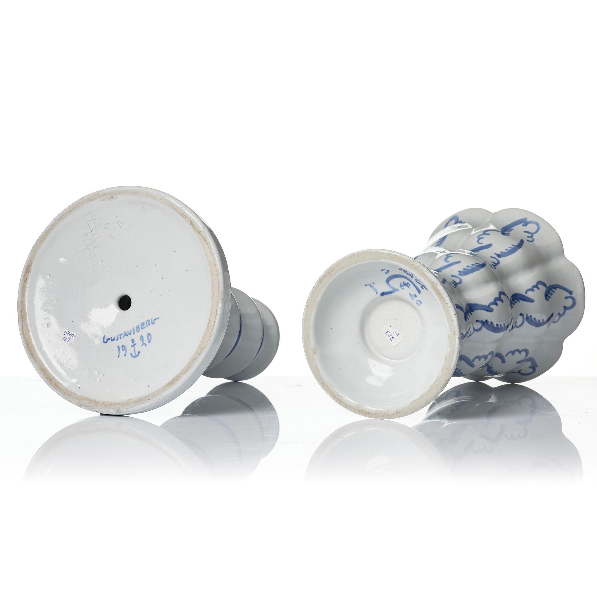 Wilhelm Kåge, Two earthenware vases, a lamp base and a jar with cover, Gustavsberg, Sweden, dated 1920.
