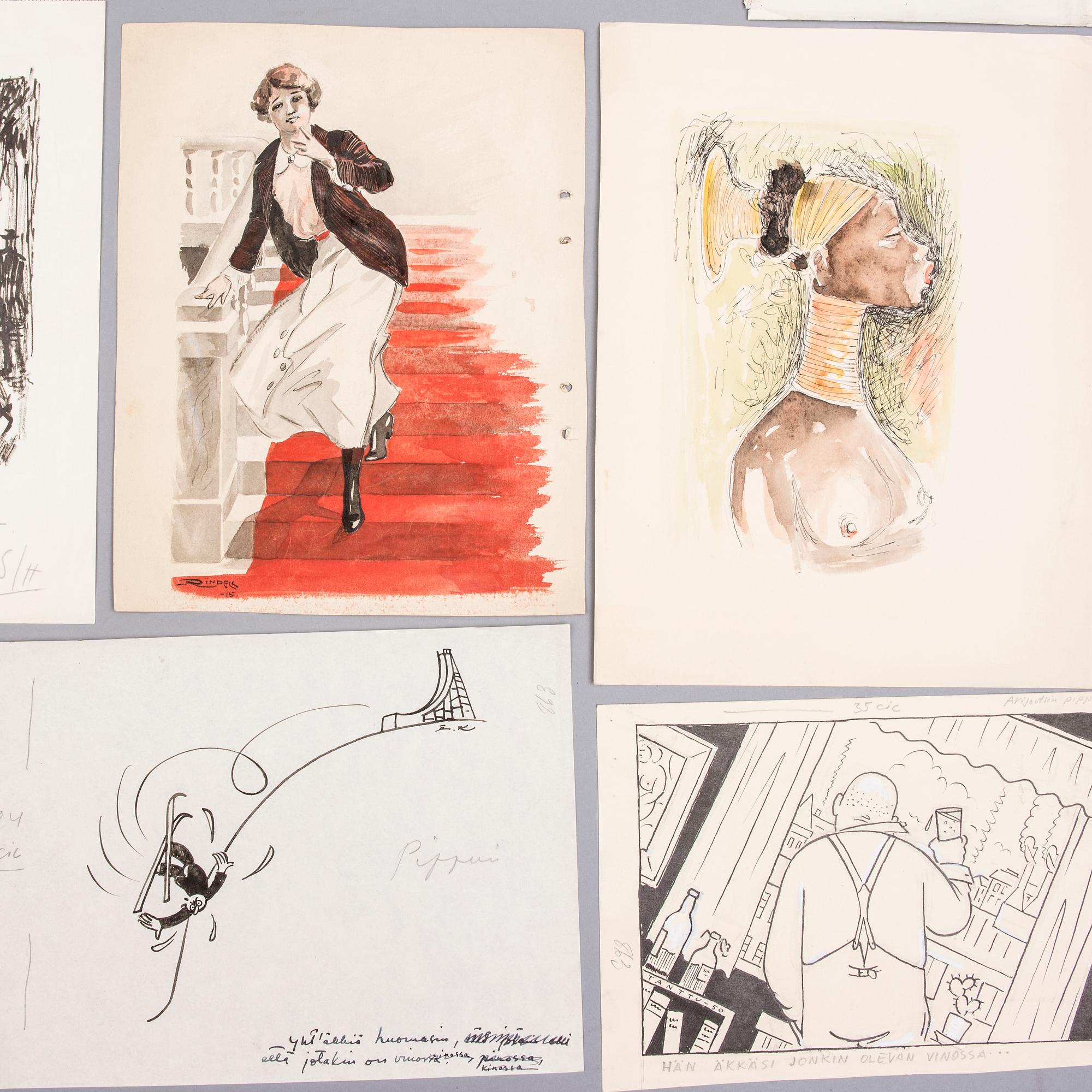 Illustrationer, teckningar och akvareller, 14 st, en del signerade.