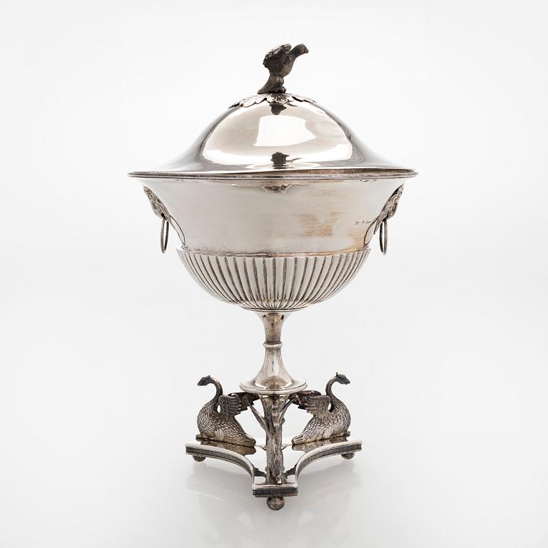 An Empire Style silver sugar bowl with lid, maker's mark of Carl Gustaf Herpel, Stockholm 1818.