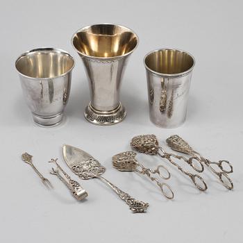 PARTI SILVER, 9 delar, Sverige samt svenska importstämplar, omkring 1900-talets mitt, vikt 457 gram.
