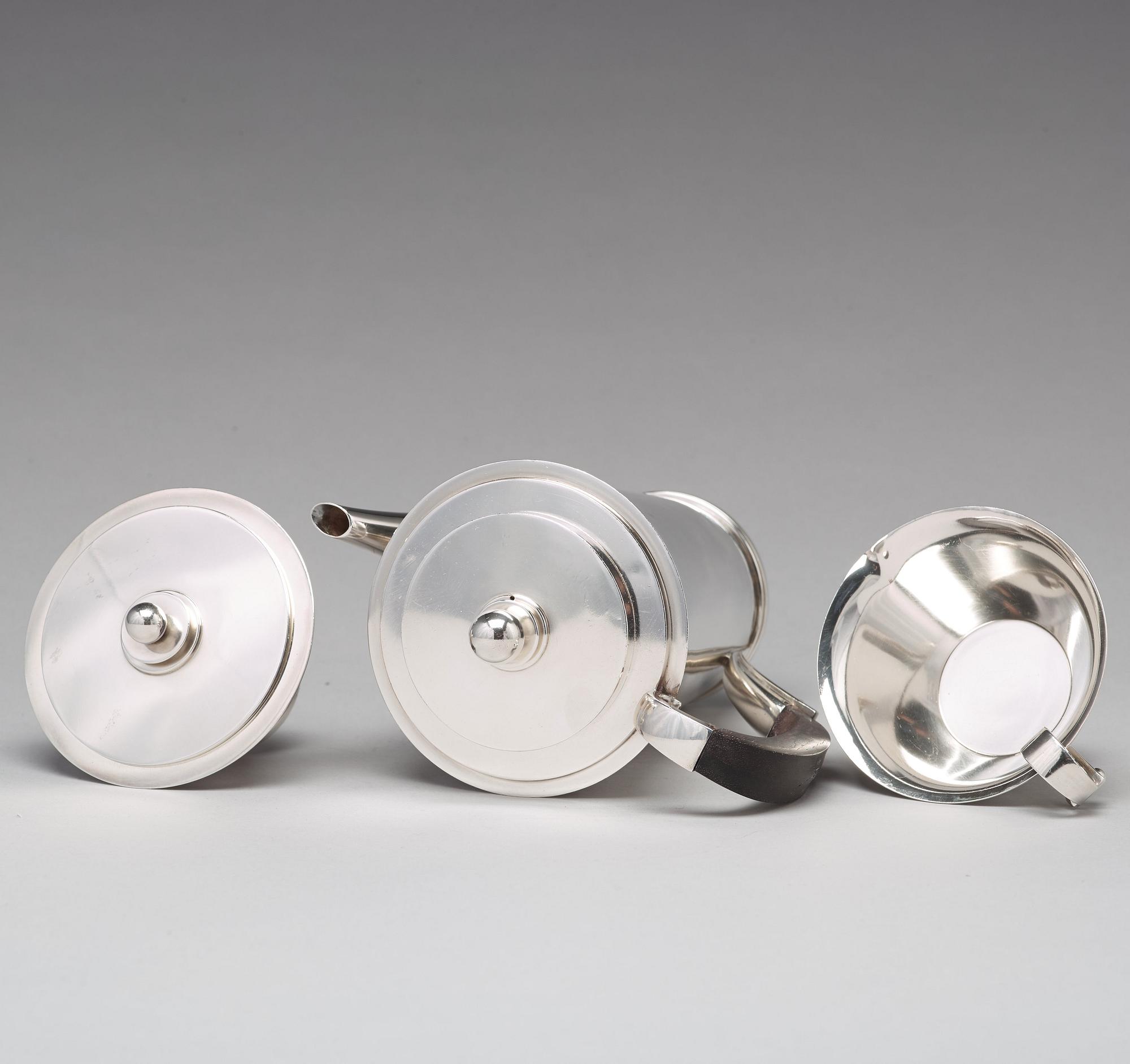 Harald Nielsen, a "Pyramid" sterling three pieces coffee service, Georg Jensen, Copenhagen 1933-44, designnr 600A,