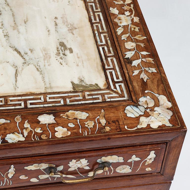 A Chinese writng desk with stone placques and mother of pearl inlay, late Qing dynasty.