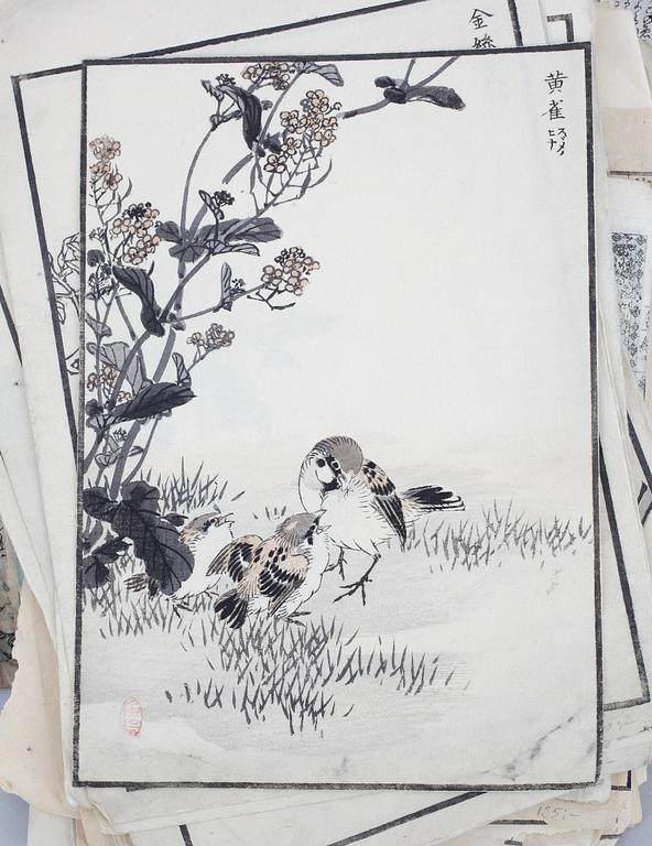 PARTI TRÄSNITT. ca 91 delar. Bland annat delar ur Hokusais Manga. Japan, 1800/1900-tal.