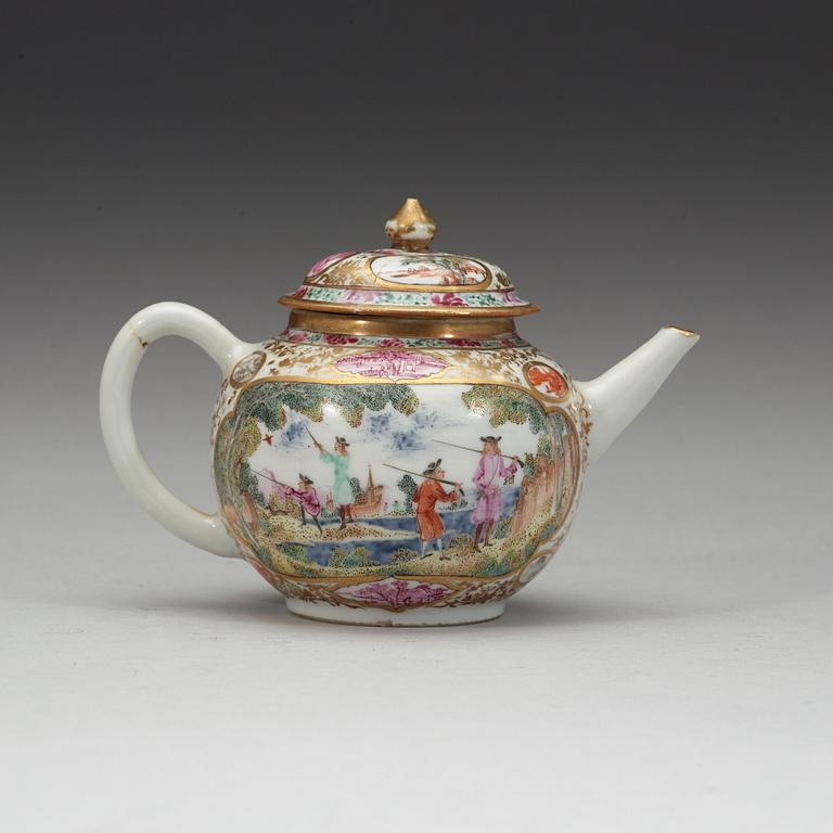 A famille rose 'European Subect' tea pot with cover, Qing dynasty, Qianlong (1736-95).