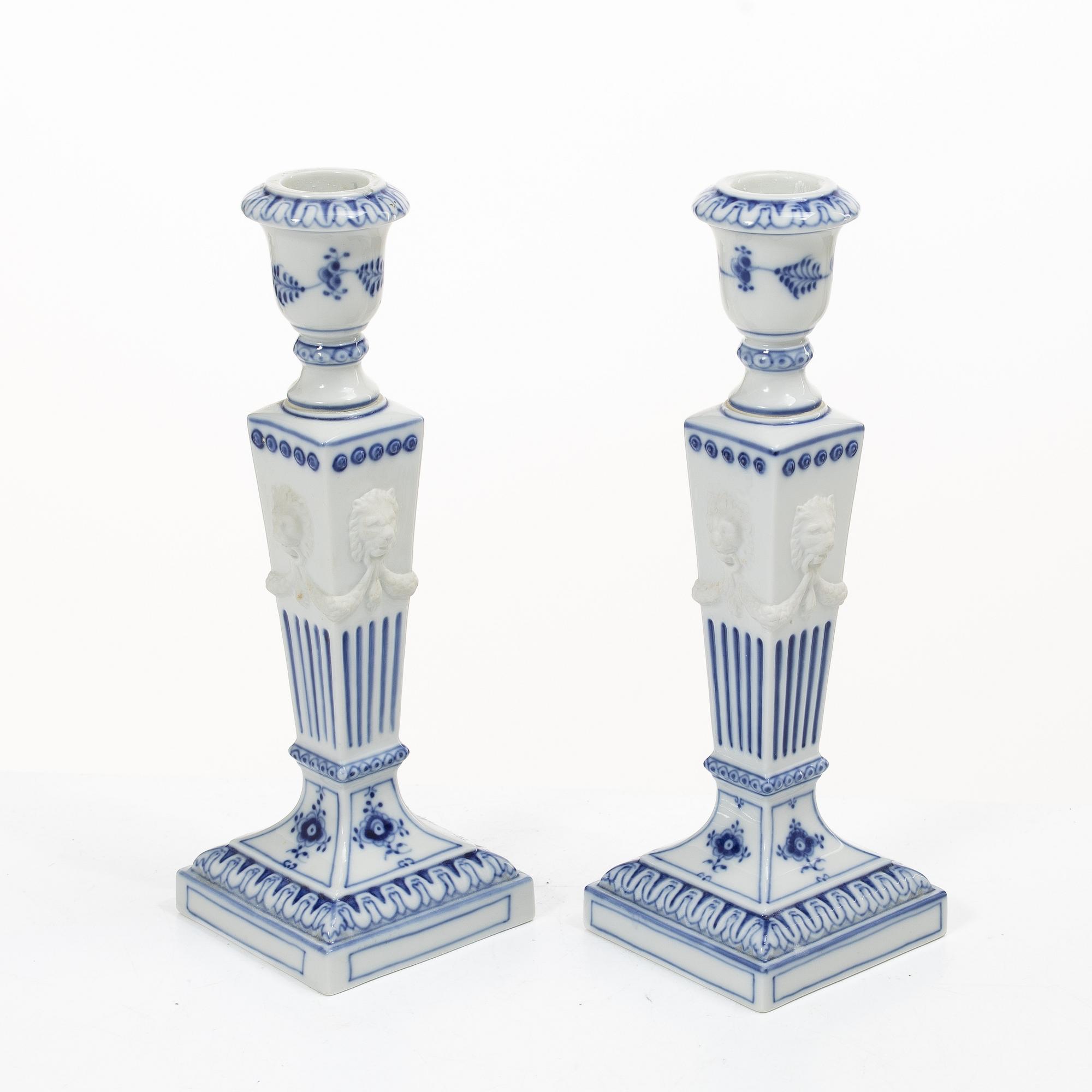 Candlesticks, a pair, porcelain. Royal Copenhagen, “Blue Fluted”, Denmark, 20th century.