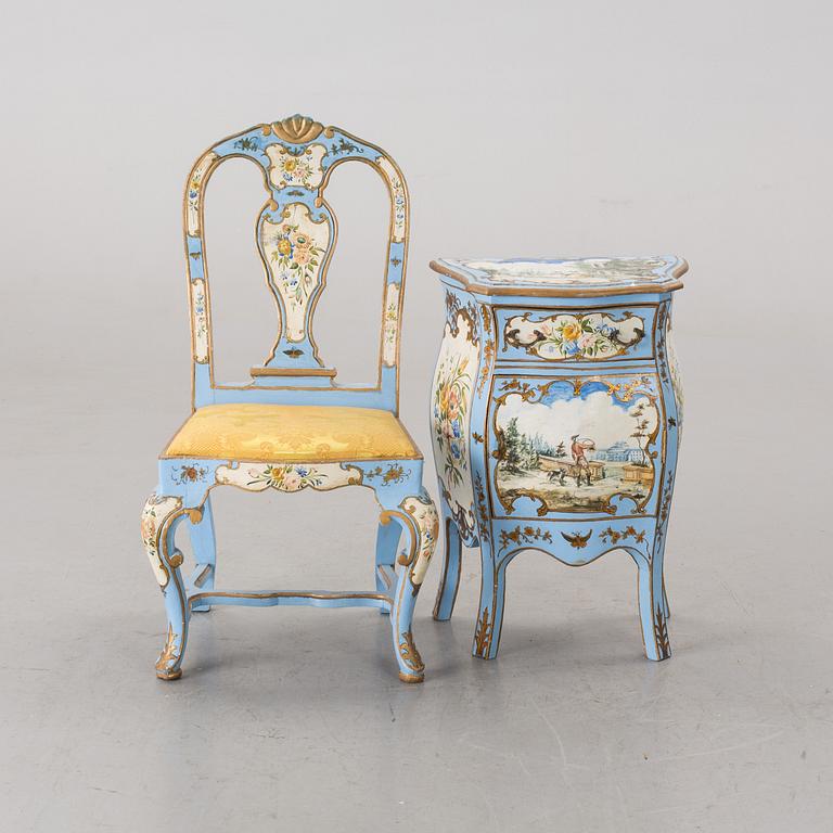 AN Italian Louis XV-style and Baroque-style chair and commode, around 1900.