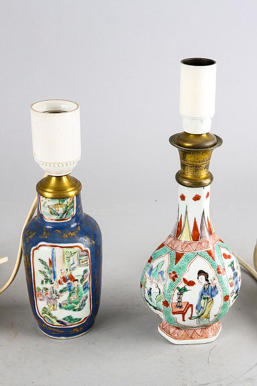 A set of two Chinese Kangxi and 18th century porcelain table lamps.