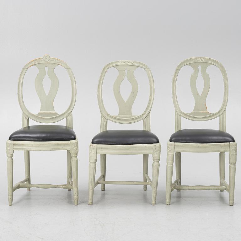 Ten similar Gustavian chairs, Sweden, around the year 1800.