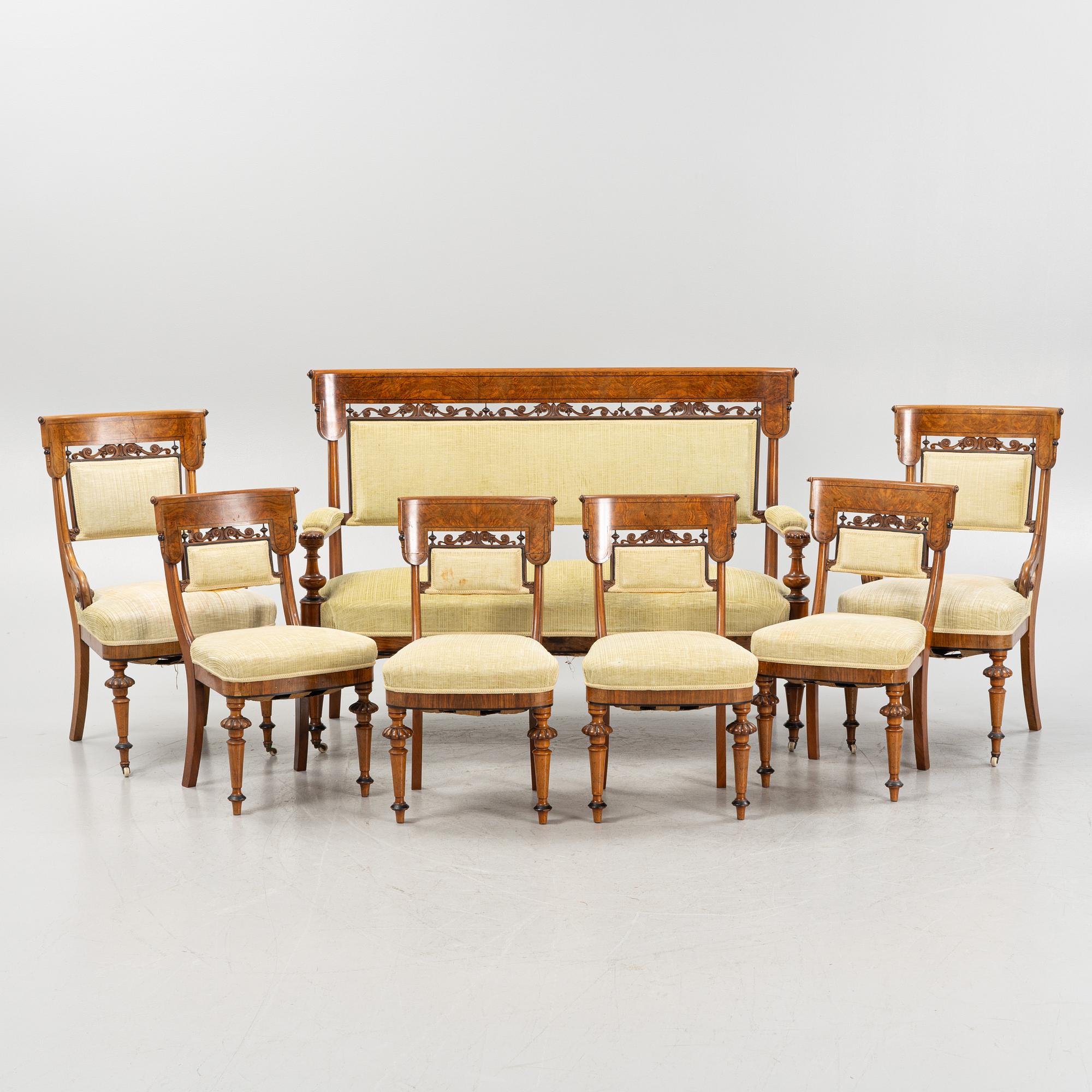 A sofa, two armchairs and four chairs, mahognay, Baltic area, second part of the 19th Century.