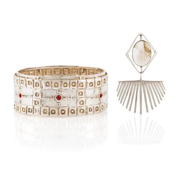 491. Lars Arby, a bridal crown and a hair ornament, sterling silver with glass and rutilated quartz, Gothenburg 1964 and 1960.