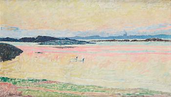 403. Carl Wilhelmson, "Strandlandskap" (Fiskebäckskil med Lysekils kyrka) [Beach scene from Fiskebäckskil with the church of Lysekil].