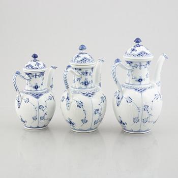 A set of three Royal Copenhagen Musselmalet half lace coffee pots with covers, Denmark, 20th century.