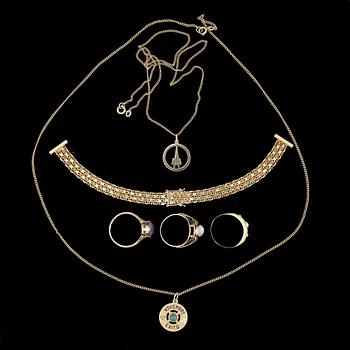 PARTI GULDSMYCKEN, 6 delar, mest 18K, 1900-tal. Tot ca 28 gram.