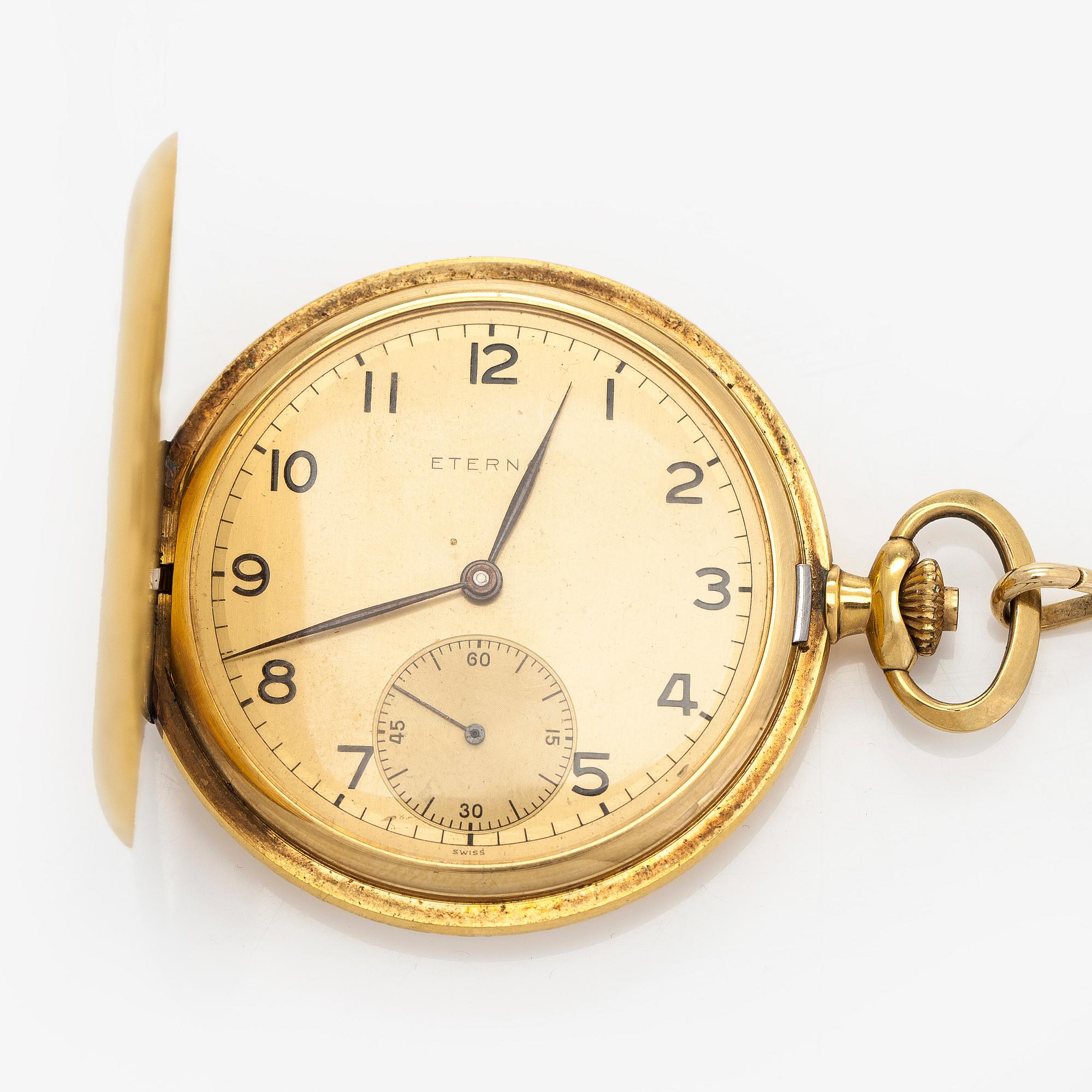 Eterna, pocket watch, savonette, 50 mm, 18K gold, chain 14K.
