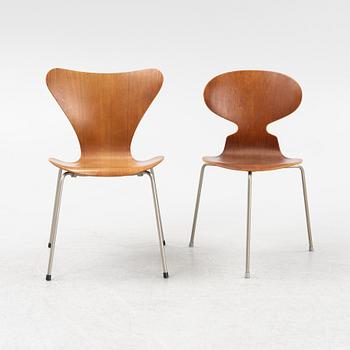 Arne Jacobsen, two teak veneered cahirs, Fritz Hansen, Denmark, 1960's.