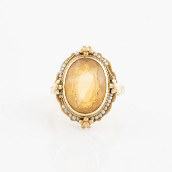 14K gold, citrine and seed pearl ring.