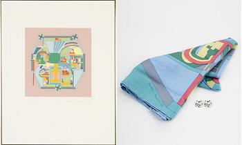 Eduardo Paolozzi, silkscreen in colours, 1986, signed and a scarf and brooches.