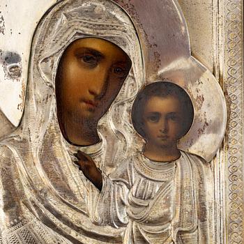 A Russian early 20th century icon, with silver oklad, Moscow 1908-1926.