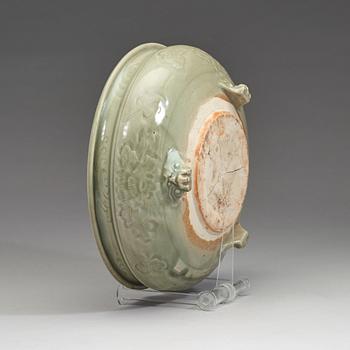 A large tripod celadon censer, presumably late Ming dynasty (1368-1644).