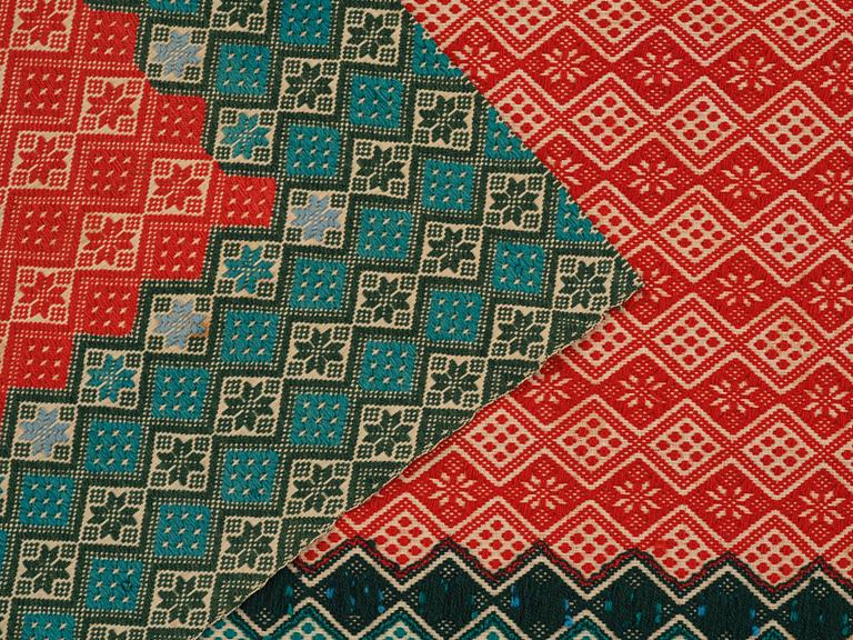 A textile cover, weft-patterned tabby type, South west Scania, c. 160 x 102 cm. Circa 1900,