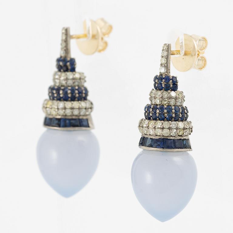 Earrings, silver and 14K gold with blue chalcedony, sapphire, and diamonds.