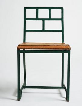 Carl Hörvik, a set of four iron framed garden chairs, ca 1927-1929, probably by Grythyttan Sweden for Lindgården, Stockholm.