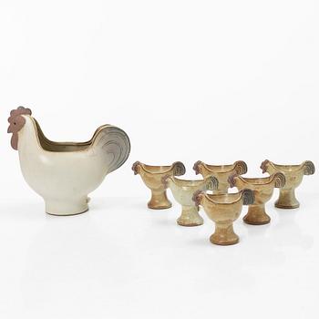 Lisa Larson, ägghöna samt äggkoppar, 6 st, stengods.