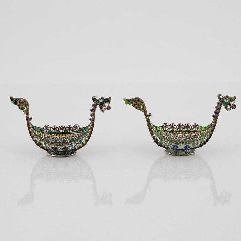 Marius Hammer, a pair of silver and enamel salt cellars, Bergen, Norway, early 20th Century.