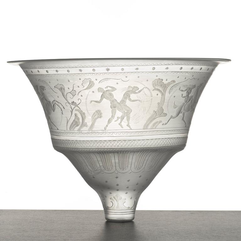 Simon Gate, an engraved glass lamp shade, Orrefors, Sweden 1920.