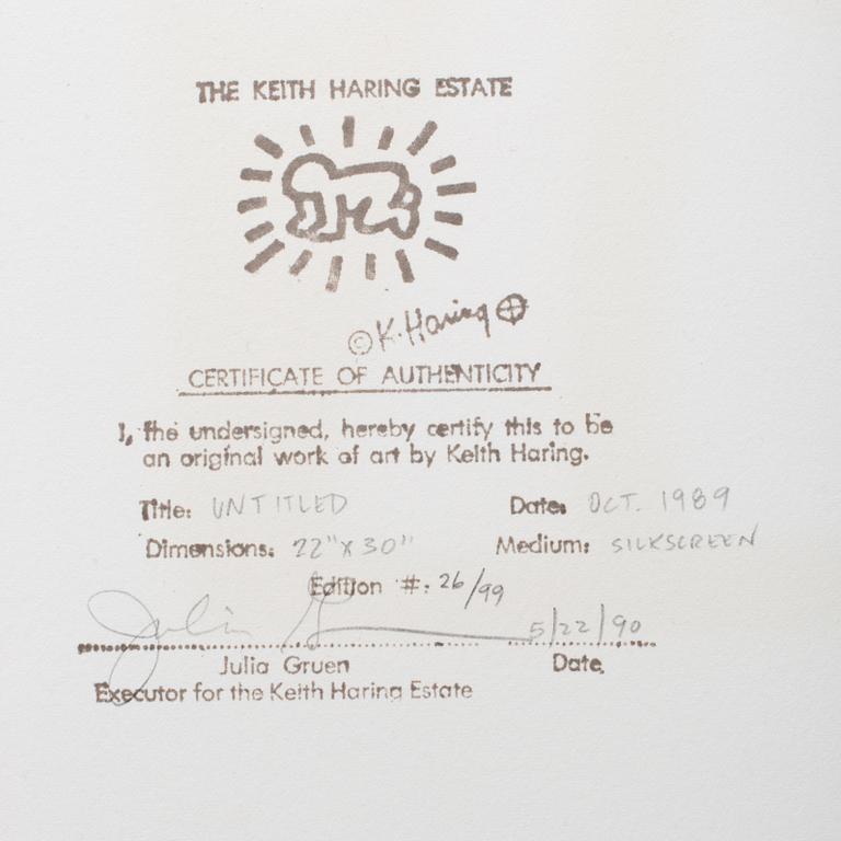 KEITH HARING, "Untitled", screen print, signed and dated by Estate on verso, 1989.  Numbered 26/99.