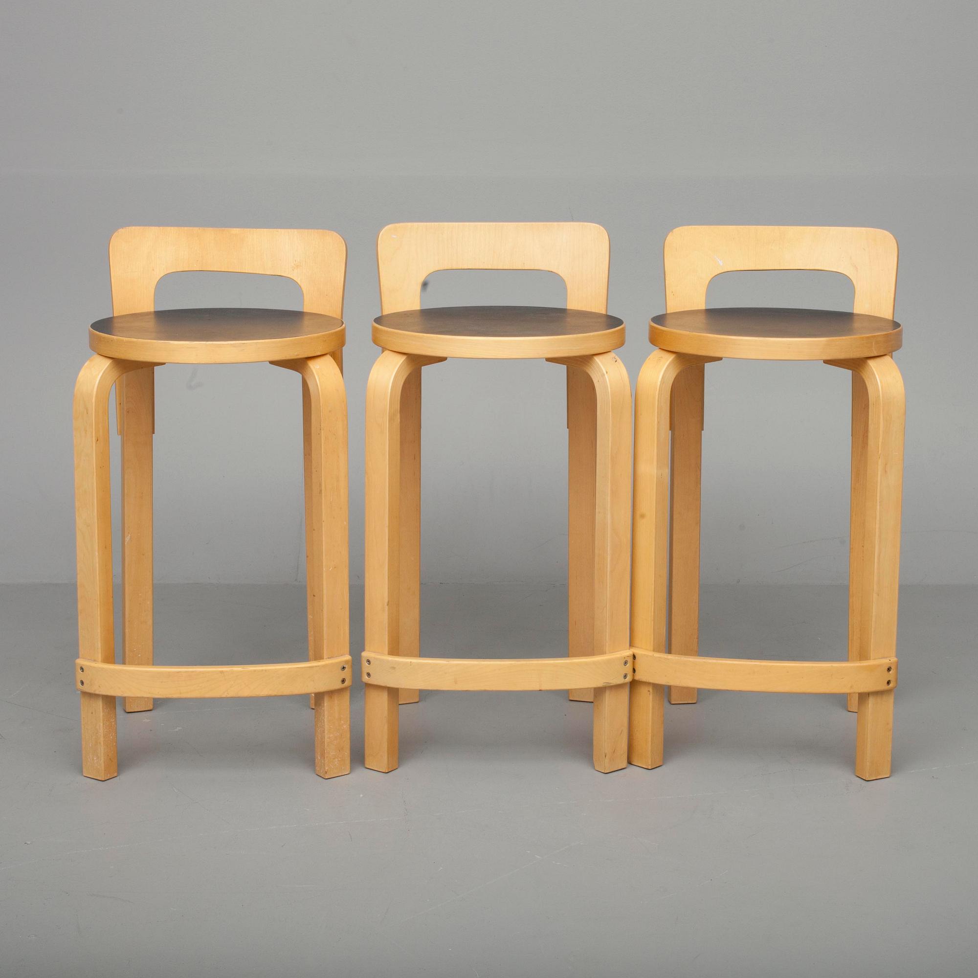 BARSTOLAR, 3 st, design A. Aalto, Artek 1970-tal.